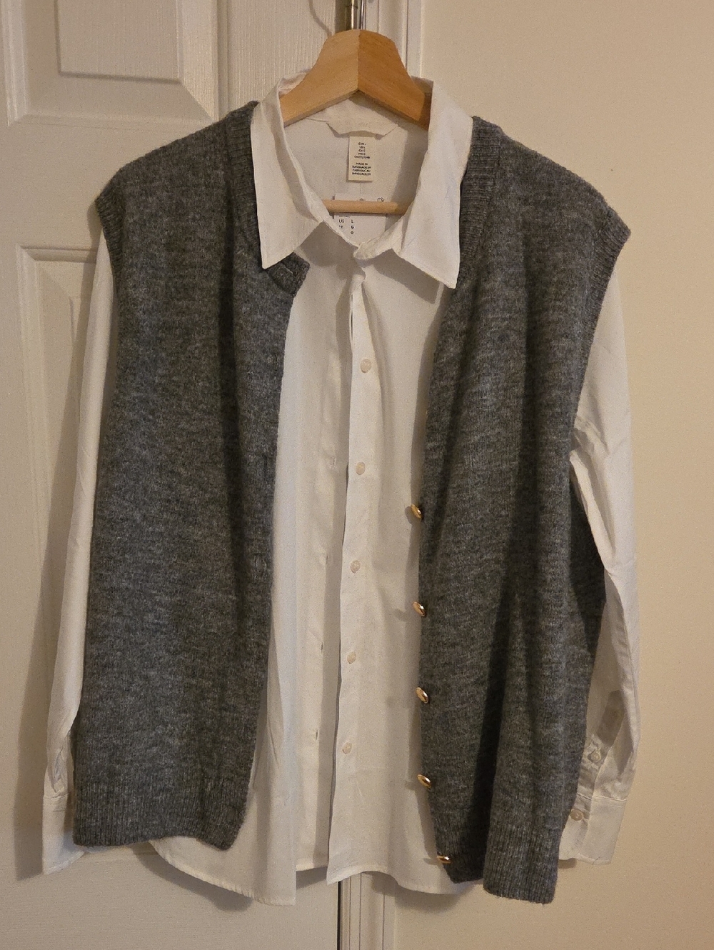 H&M Gray Knit Button-Front Vest With Crisp White Blouse